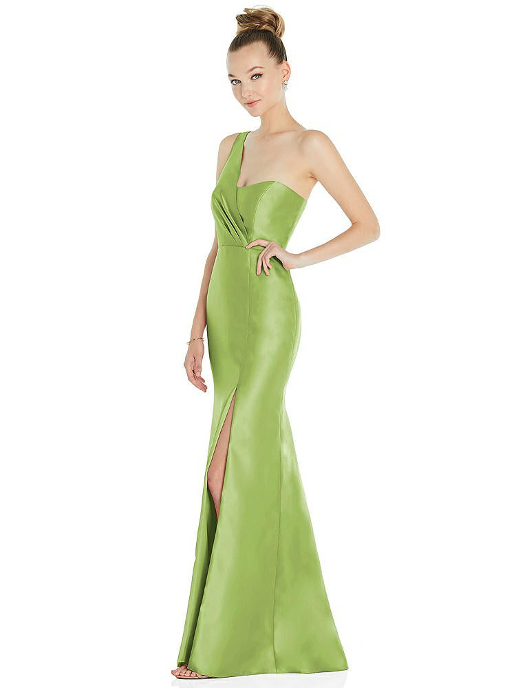 【STYLE: D827】Draped One-Shoulder Satin Trumpet Gown with Front Slit【COLOR: Mojito】