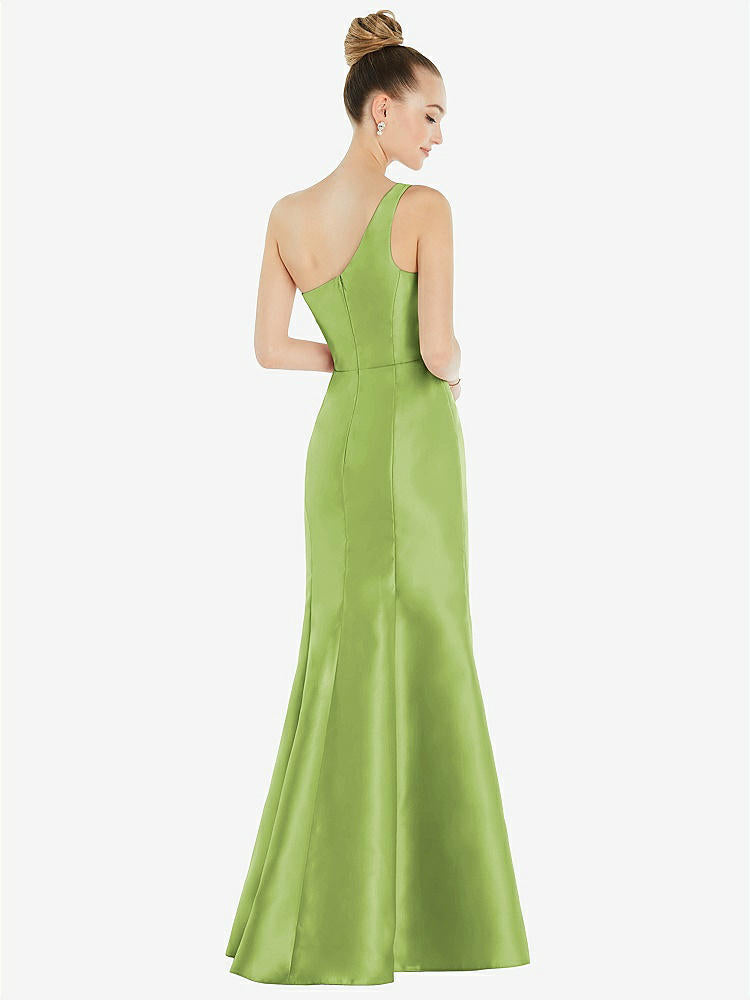 【STYLE: D827】Draped One-Shoulder Satin Trumpet Gown with Front Slit【COLOR: Mojito】