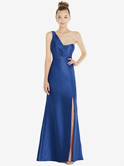 【STYLE: D827】Draped One-Shoulder Satin Trumpet Gown with Front Slit【COLOR: Classic Blue】