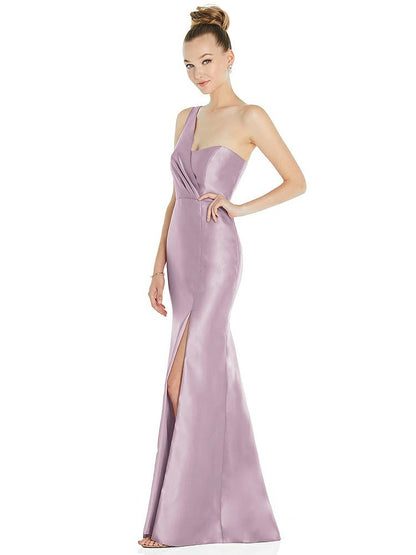 【STYLE: D827】Draped One-Shoulder Satin Trumpet Gown with Front Slit【COLOR: Suede Rose】