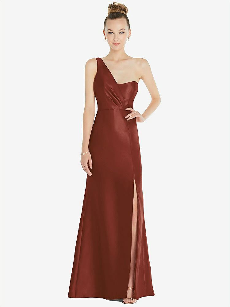 【STYLE: D827】Draped One-Shoulder Satin Trumpet Gown with Front Slit【COLOR: Auburn Moon】