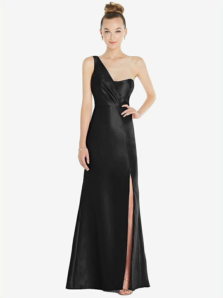 【STYLE: D827】Draped One-Shoulder Satin Trumpet Gown with Front Slit【COLOR: Black】