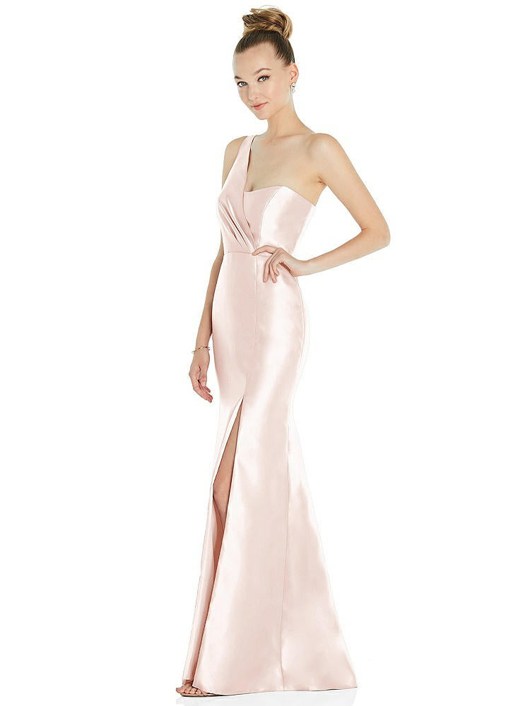 【STYLE: D827】Draped One-Shoulder Satin Trumpet Gown with Front Slit【COLOR: Blush】