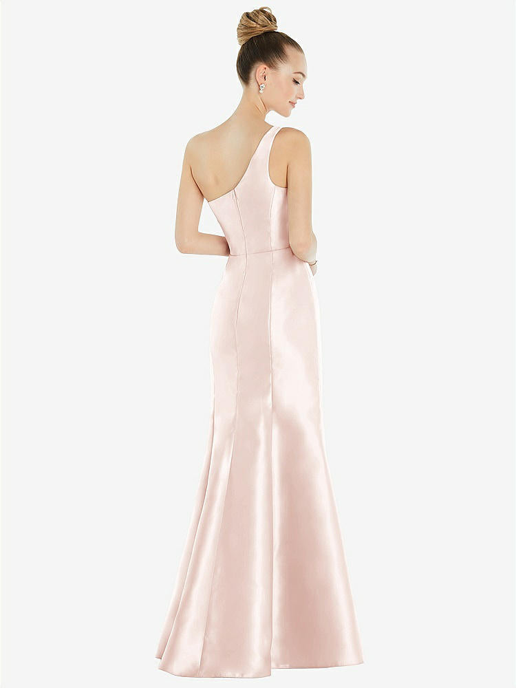 【STYLE: D827】Draped One-Shoulder Satin Trumpet Gown with Front Slit【COLOR: Blush】