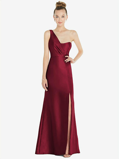 【STYLE: D827】Draped One-Shoulder Satin Trumpet Gown with Front Slit【COLOR: Burgundy】