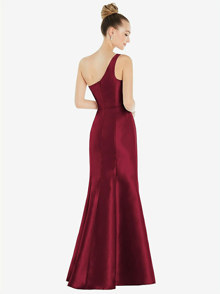 【STYLE: D827】Draped One-Shoulder Satin Trumpet Gown with Front Slit【COLOR: Burgundy】