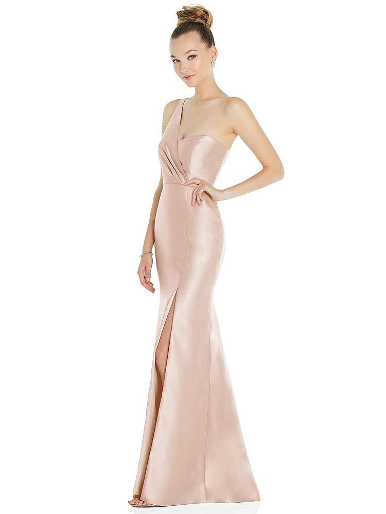 【STYLE: D827】Draped One-Shoulder Satin Trumpet Gown with Front Slit【COLOR: Cameo】