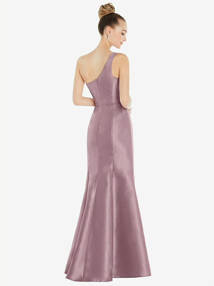 【STYLE: D827】Draped One-Shoulder Satin Trumpet Gown with Front Slit【COLOR: Dusty Rose】