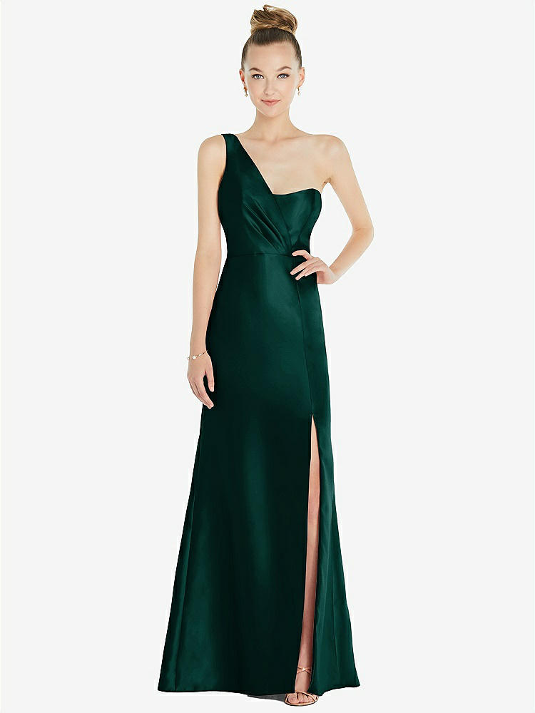 【STYLE: D827】Draped One-Shoulder Satin Trumpet Gown with Front Slit【COLOR: Evergreen】