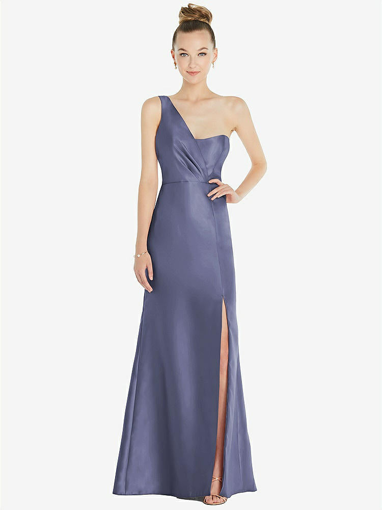 【STYLE: D827】Draped One-Shoulder Satin Trumpet Gown with Front Slit【COLOR: French Blue】