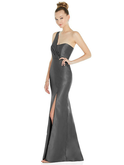【STYLE: D827】Draped One-Shoulder Satin Trumpet Gown with Front Slit【COLOR: Gunmetal】