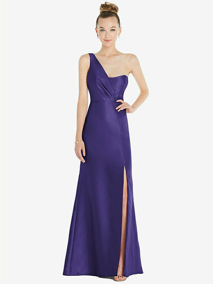 【STYLE: D827】Draped One-Shoulder Satin Trumpet Gown with Front Slit【COLOR: Grape】