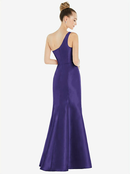 【STYLE: D827】Draped One-Shoulder Satin Trumpet Gown with Front Slit【COLOR: Grape】