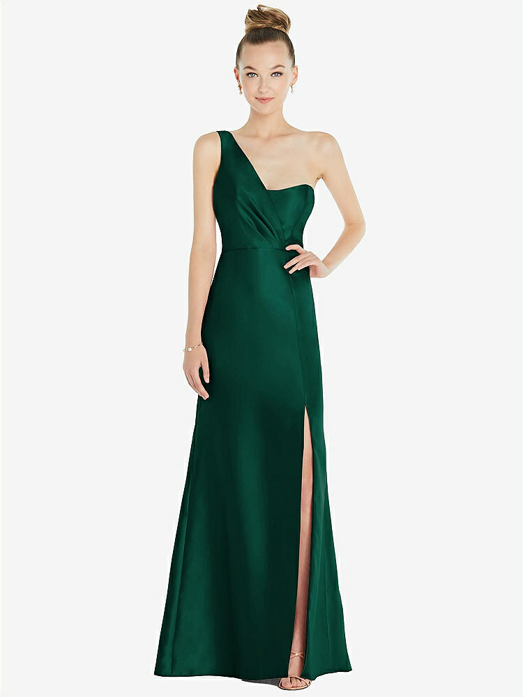 【STYLE: D827】Draped One-Shoulder Satin Trumpet Gown with Front Slit【COLOR: Hunter Green】