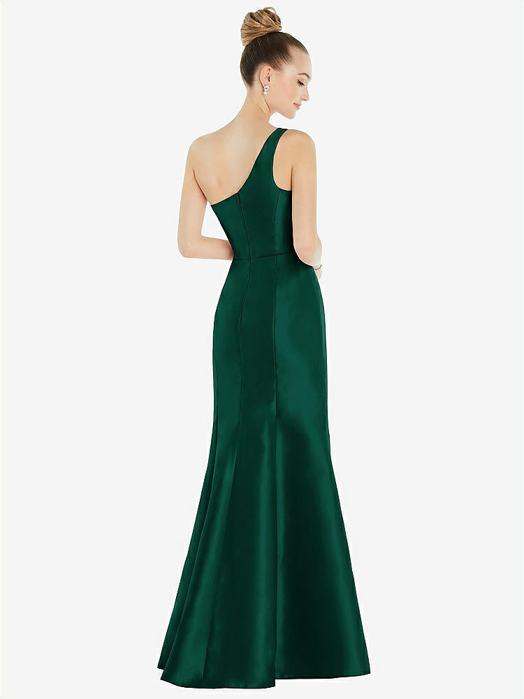 【STYLE: D827】Draped One-Shoulder Satin Trumpet Gown with Front Slit【COLOR: Hunter Green】