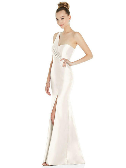 【STYLE: D827】Draped One-Shoulder Satin Trumpet Gown with Front Slit【COLOR: Ivory】