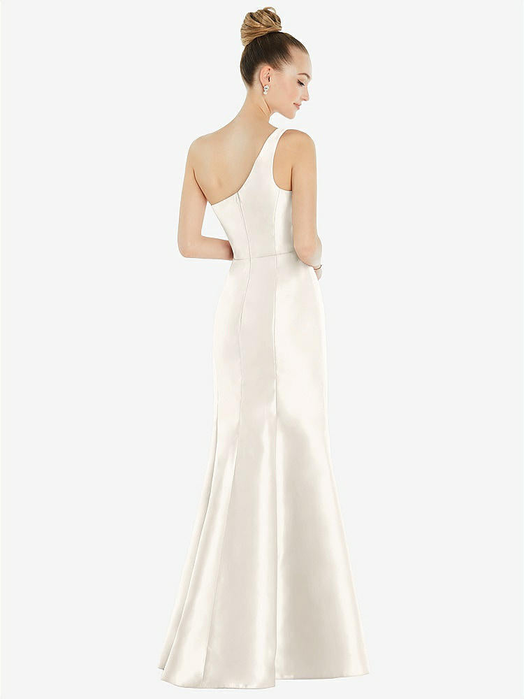 【STYLE: D827】Draped One-Shoulder Satin Trumpet Gown with Front Slit【COLOR: Ivory】
