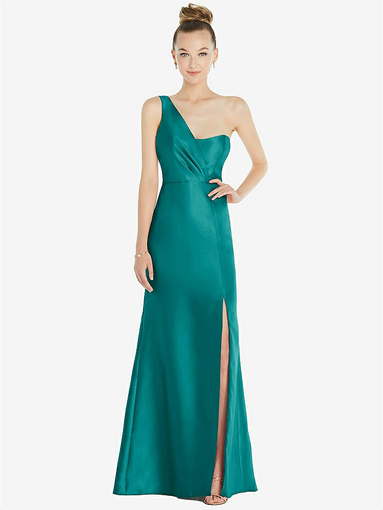 【STYLE: D827】Draped One-Shoulder Satin Trumpet Gown with Front Slit【COLOR: Jade】