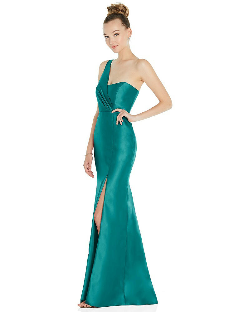 【STYLE: D827】Draped One-Shoulder Satin Trumpet Gown with Front Slit【COLOR: Jade】