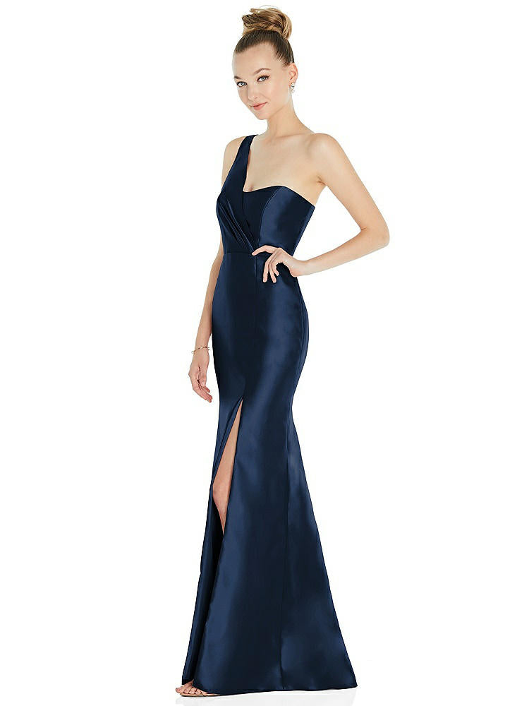 【STYLE: D827】Draped One-Shoulder Satin Trumpet Gown with Front Slit【COLOR: Midnight Navy】