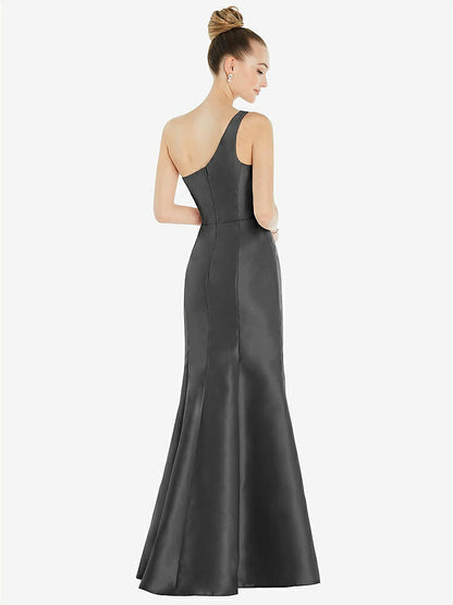 【STYLE: D827】Draped One-Shoulder Satin Trumpet Gown with Front Slit【COLOR: Pewter】