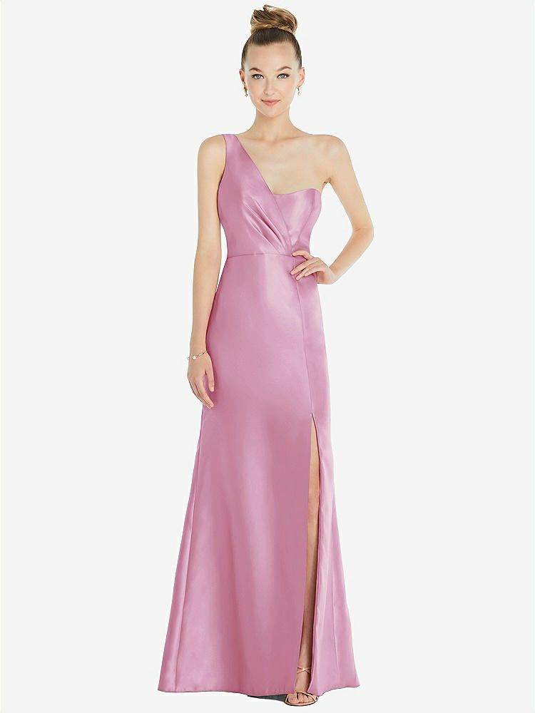 【STYLE: D827】Draped One-Shoulder Satin Trumpet Gown with Front Slit【COLOR: Powder Pink】