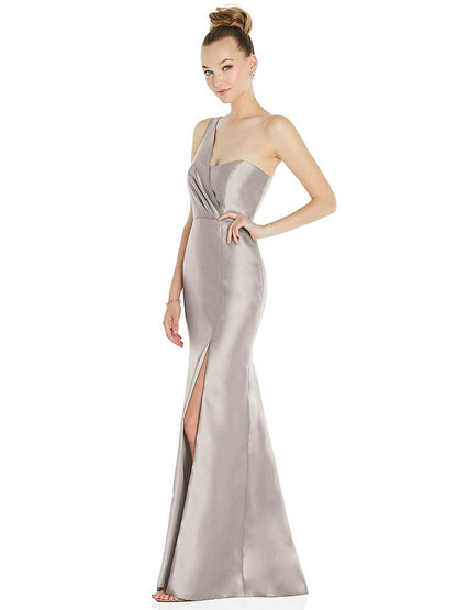 【STYLE: D827】Draped One-Shoulder Satin Trumpet Gown with Front Slit【COLOR: Taupe】