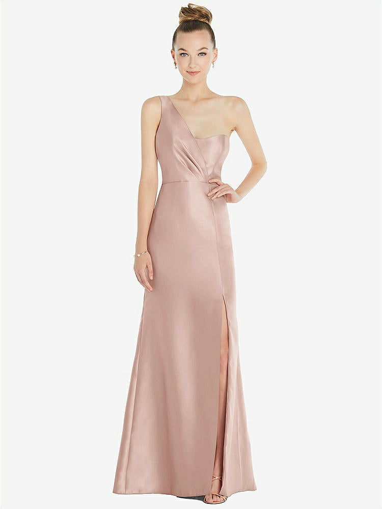 【STYLE: D827】Draped One-Shoulder Satin Trumpet Gown with Front Slit【COLOR: Toasted Sugar】