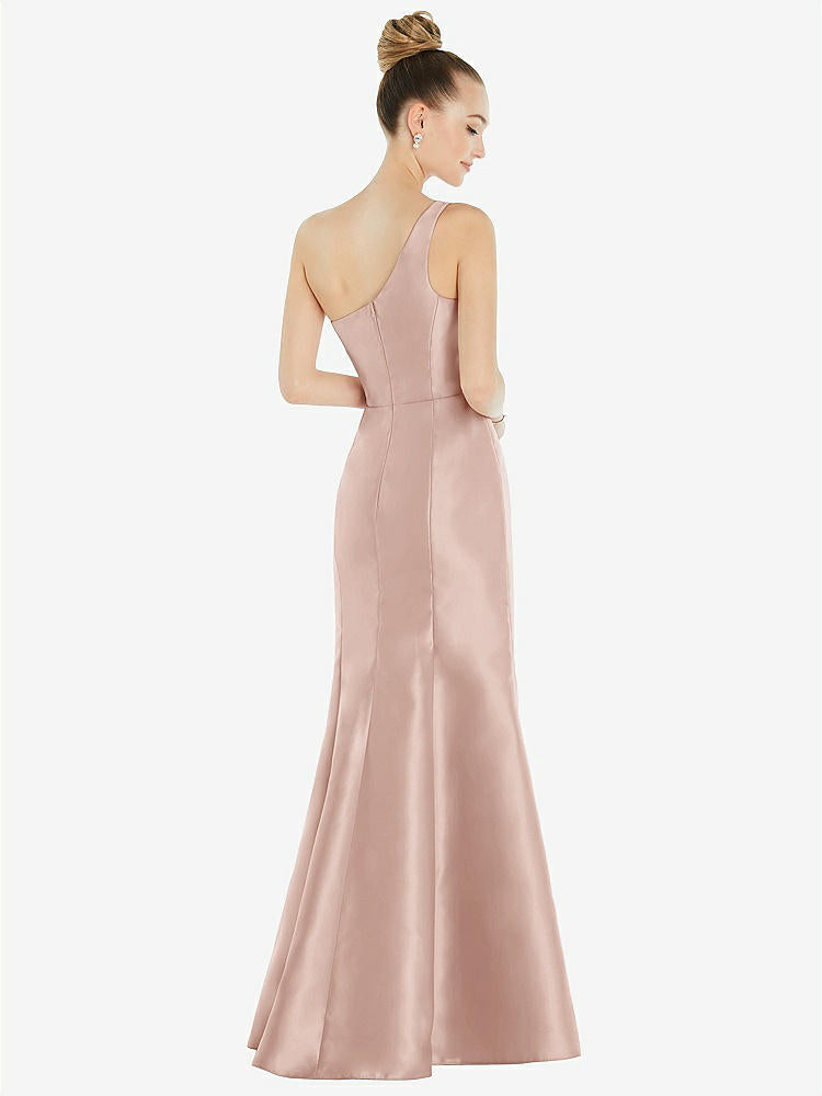 【STYLE: D827】Draped One-Shoulder Satin Trumpet Gown with Front Slit【COLOR: Toasted Sugar】