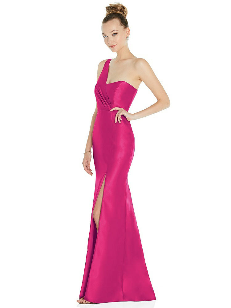 【STYLE: D827】Draped One-Shoulder Satin Trumpet Gown with Front Slit【COLOR: Think Pink】