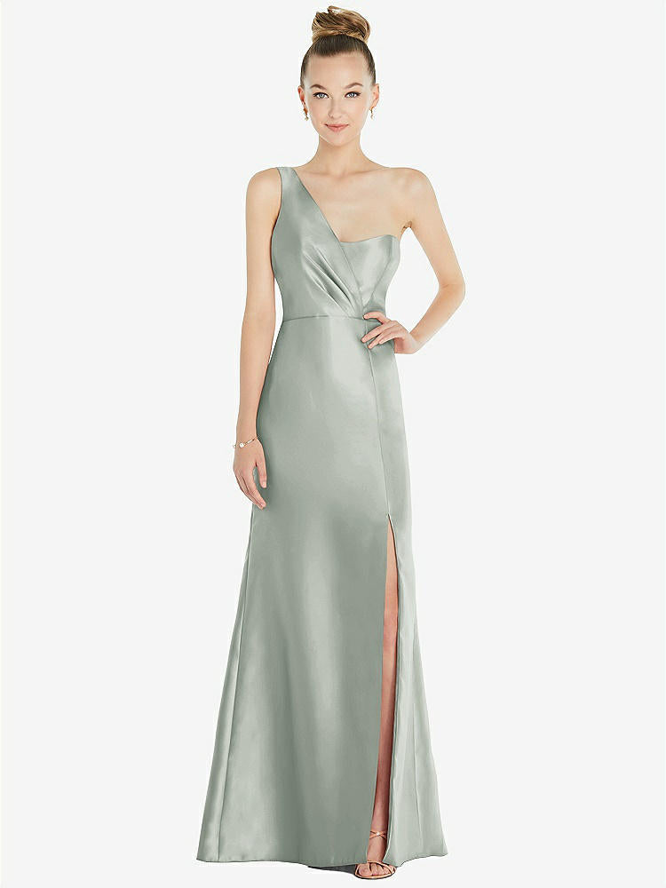 【STYLE: D827】Draped One-Shoulder Satin Trumpet Gown with Front Slit【COLOR: Willow Green】