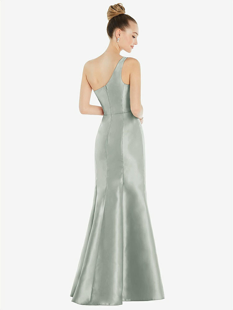 【STYLE: D827】Draped One-Shoulder Satin Trumpet Gown with Front Slit【COLOR: Willow Green】