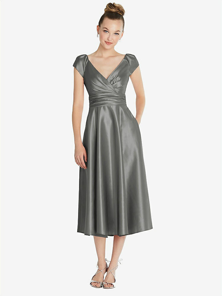 【STYLE: TH091】Cap Sleeve Faux Wrap Satin Midi Dress with Pockets【COLOR: Charcoal Gray】