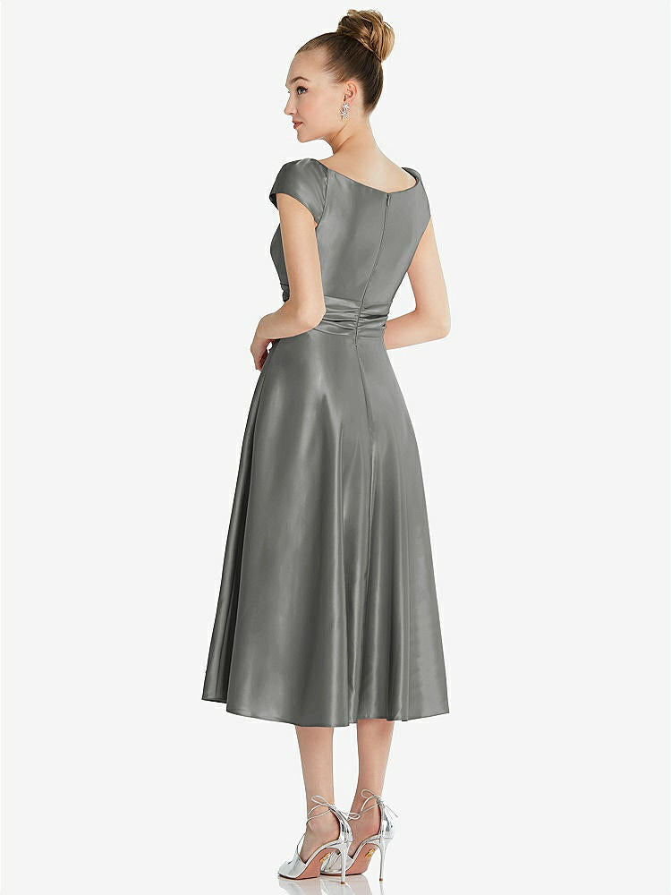 【STYLE: TH091】Cap Sleeve Faux Wrap Satin Midi Dress with Pockets【COLOR: Charcoal Gray】