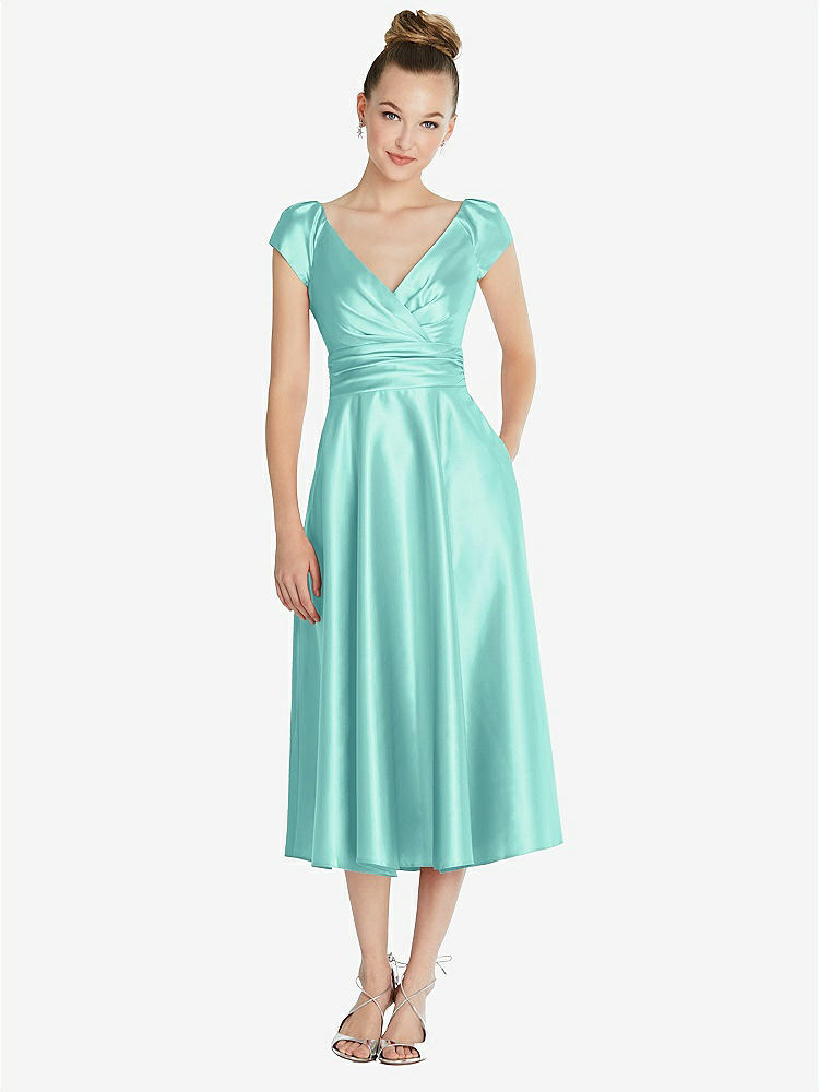 【STYLE: TH091】Cap Sleeve Faux Wrap Satin Midi Dress with Pockets【COLOR: Coastal】