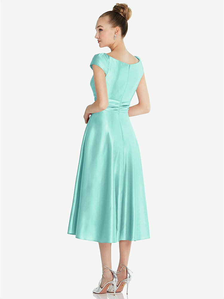 【STYLE: TH091】Cap Sleeve Faux Wrap Satin Midi Dress with Pockets【COLOR: Coastal】