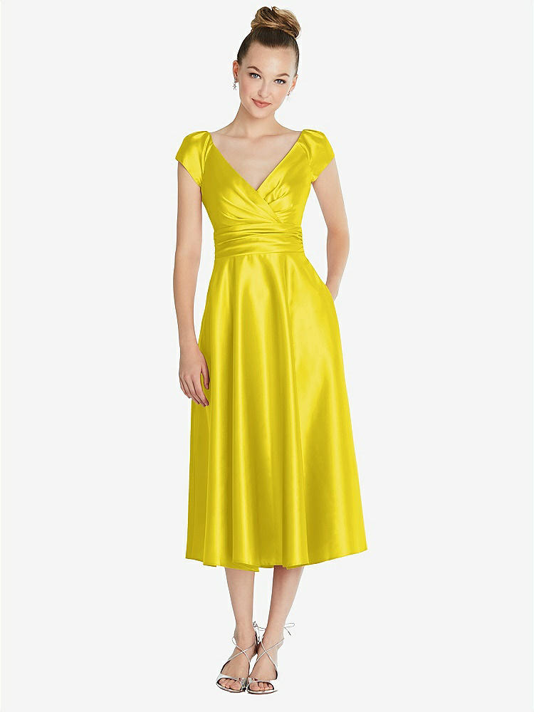 【STYLE: TH091】Cap Sleeve Faux Wrap Satin Midi Dress with Pockets【COLOR: Citrus】