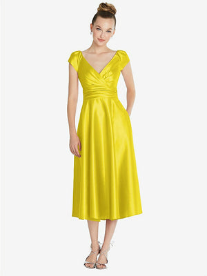 【STYLE: TH091】Cap Sleeve Faux Wrap Satin Midi Dress with Pockets【COLOR: Citrus】