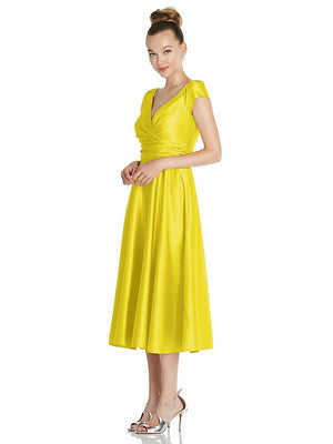 【STYLE: TH091】Cap Sleeve Faux Wrap Satin Midi Dress with Pockets【COLOR: Citrus】