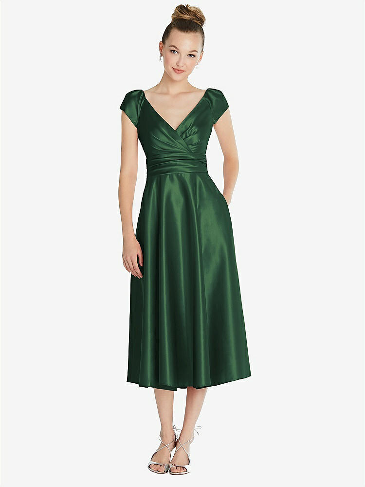 【STYLE: TH091】Cap Sleeve Faux Wrap Satin Midi Dress with Pockets【COLOR: Hampton Green】