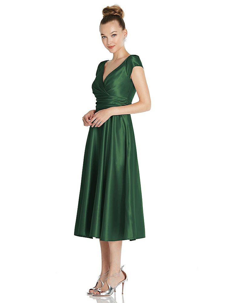 【STYLE: TH091】Cap Sleeve Faux Wrap Satin Midi Dress with Pockets【COLOR: Hampton Green】