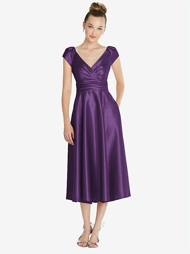 【STYLE: TH091】Cap Sleeve Faux Wrap Satin Midi Dress with Pockets【COLOR: Majestic】
