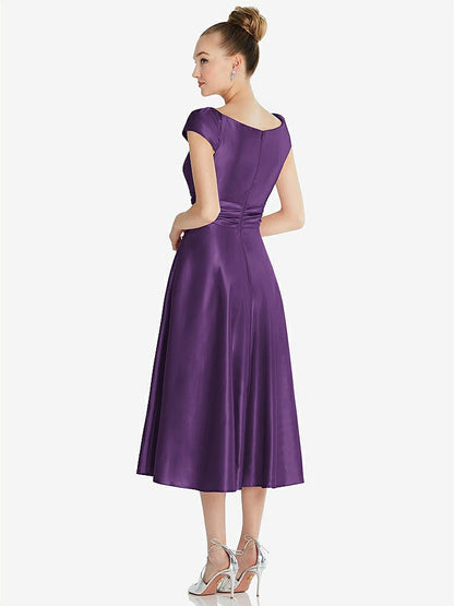 【STYLE: TH091】Cap Sleeve Faux Wrap Satin Midi Dress with Pockets【COLOR: Majestic】