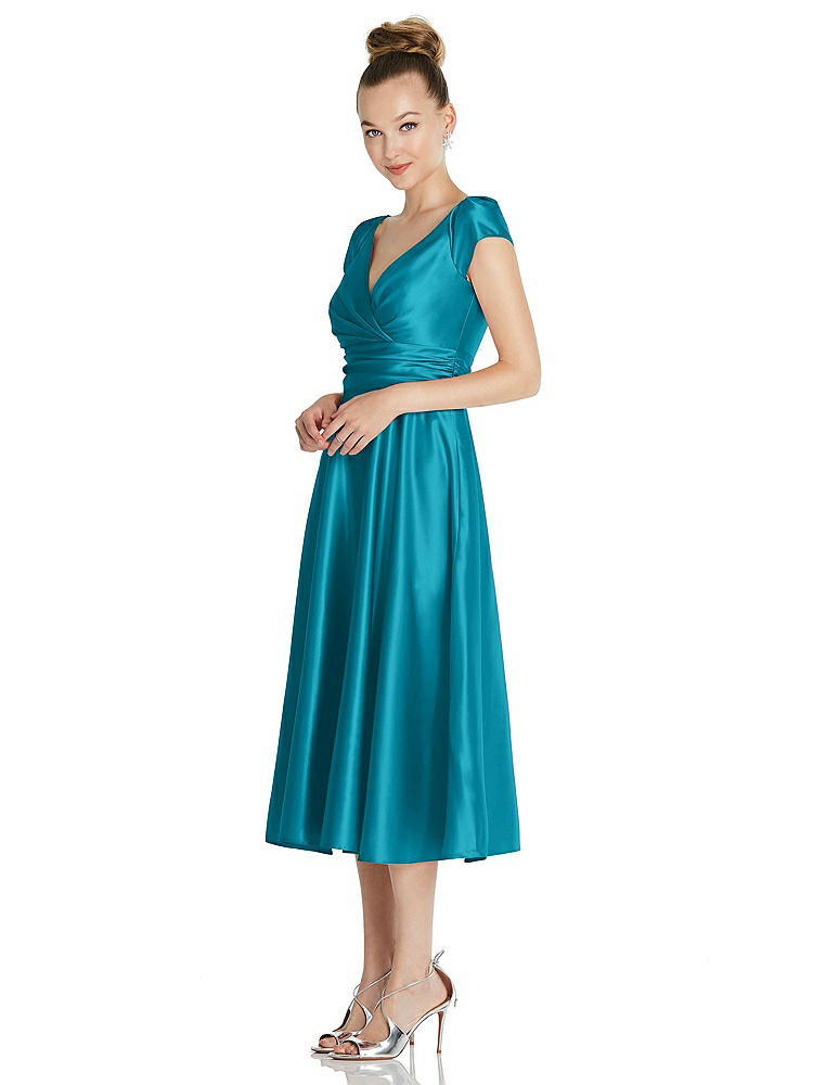 【STYLE: TH091】Cap Sleeve Faux Wrap Satin Midi Dress with Pockets【COLOR: Oasis】