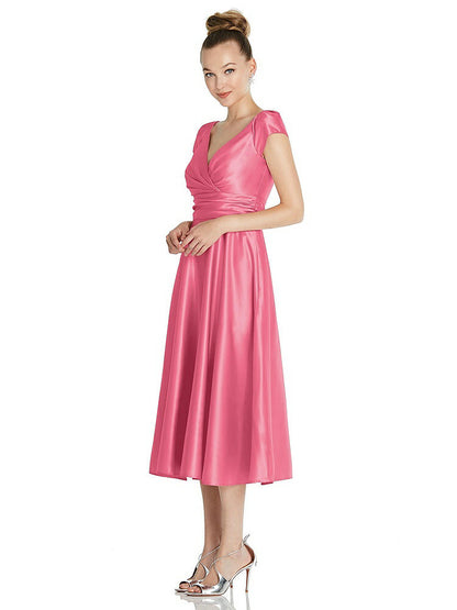 【STYLE: TH091】Cap Sleeve Faux Wrap Satin Midi Dress with Pockets【COLOR: Punch】