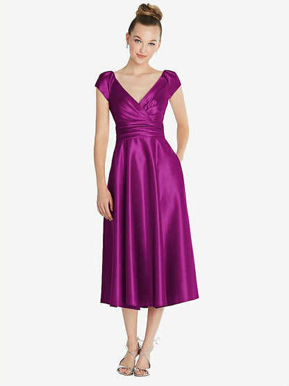 【STYLE: TH091】Cap Sleeve Faux Wrap Satin Midi Dress with Pockets【COLOR: Persian Plum】