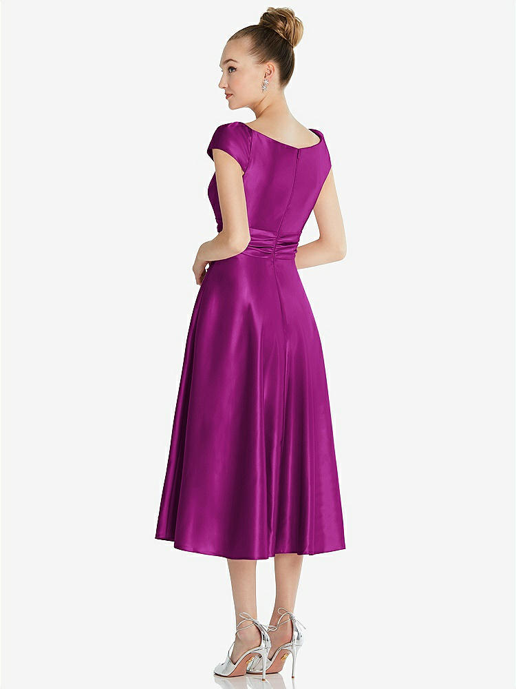 【STYLE: TH091】Cap Sleeve Faux Wrap Satin Midi Dress with Pockets【COLOR: Persian Plum】