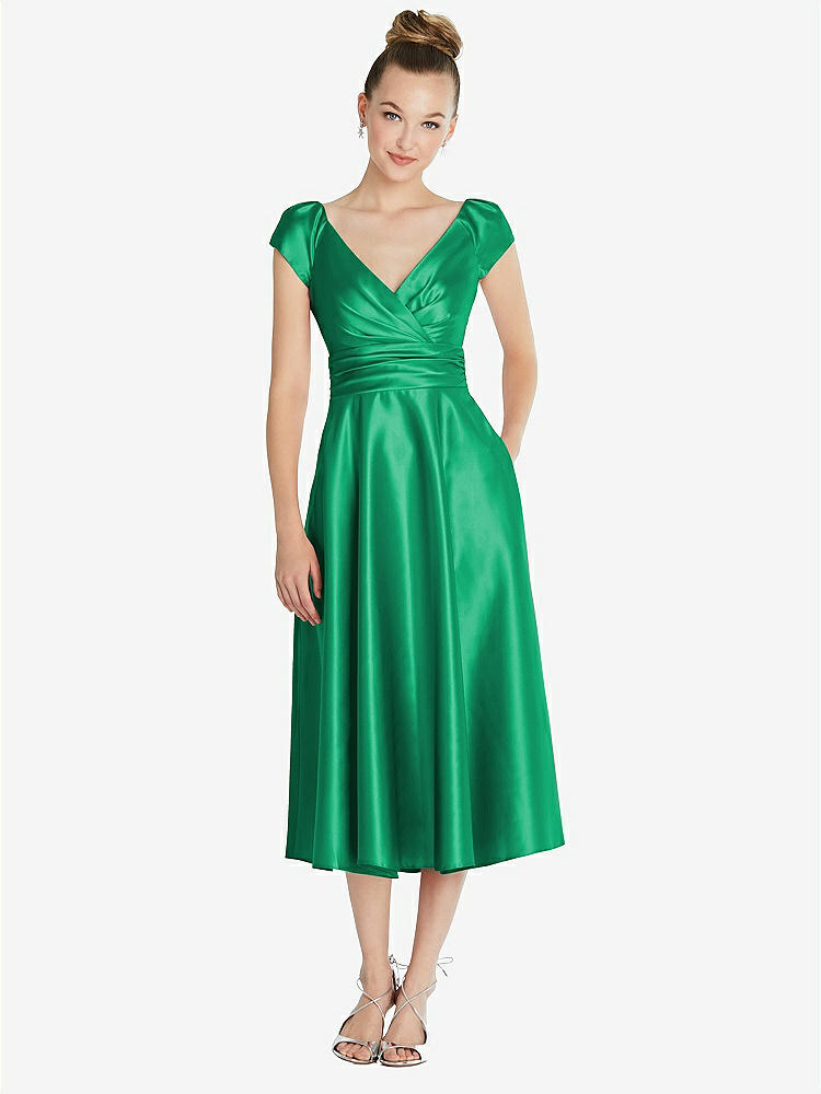 【STYLE: TH091】Cap Sleeve Faux Wrap Satin Midi Dress with Pockets【COLOR: Pantone Emerald】