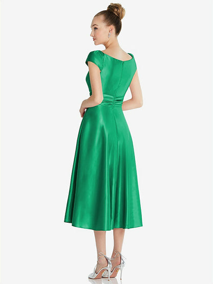 【STYLE: TH091】Cap Sleeve Faux Wrap Satin Midi Dress with Pockets【COLOR: Pantone Emerald】