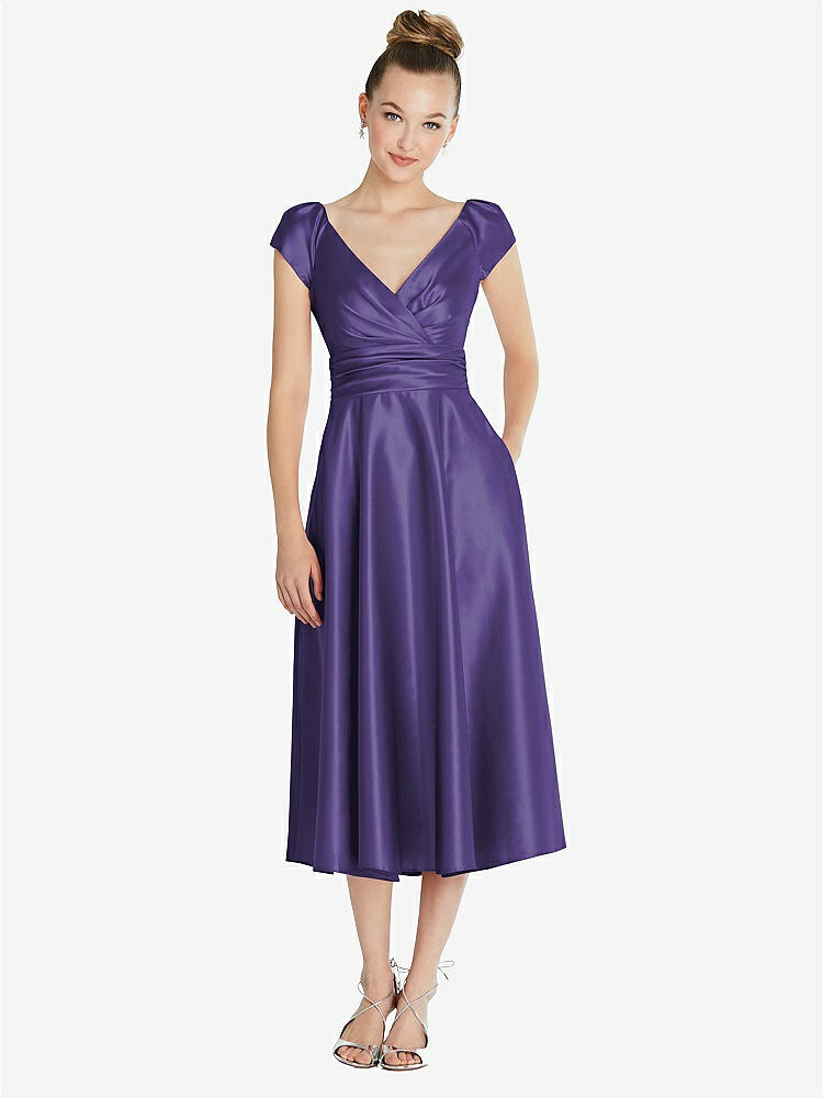 【STYLE: TH091】Cap Sleeve Faux Wrap Satin Midi Dress with Pockets【COLOR: Regalia - PANTONE Ultra Violet】